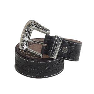 Myra Bag Hand-Tooled Leather Belt Silver Black Size Small NWT